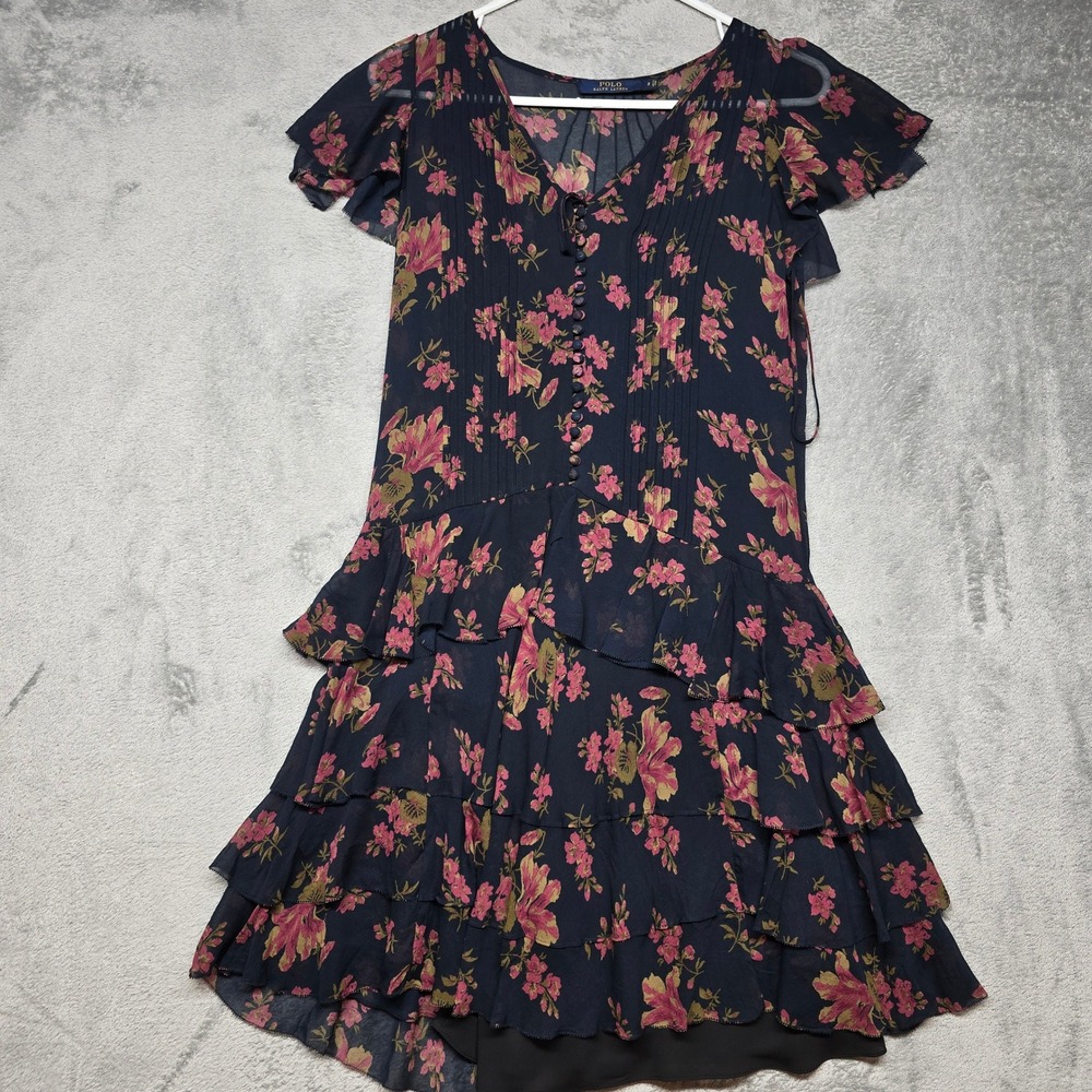 Polo Ralph Lauren‎ Floral Silk Dress Womens 2 Navy Tiered Ruffle Drop Waist NWOT